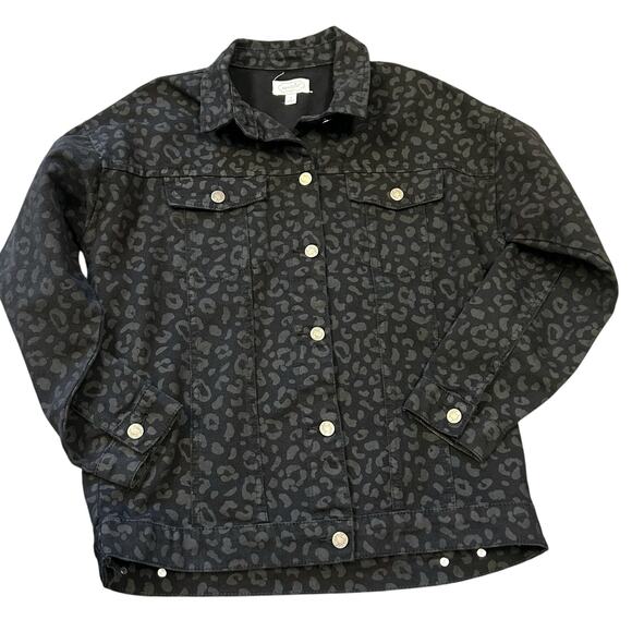 Mud Pie Shaw Boyfriend Jean Jacket Cotton Denim Black Leopard Women’s Size Small - Picture 1 of 8